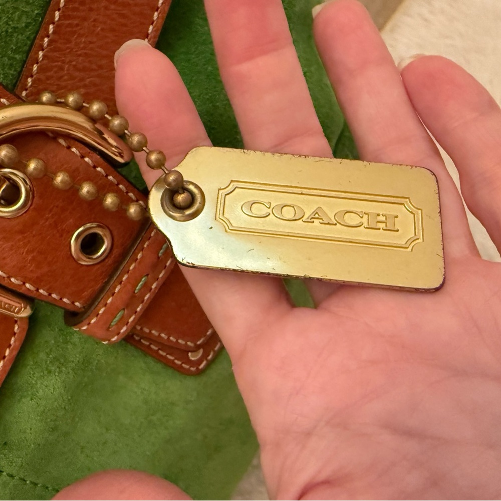 Coach Hampton Flap Satchel- Green Suede Shoulder Bag with Brown Leather Straps - Picture 13 of 14